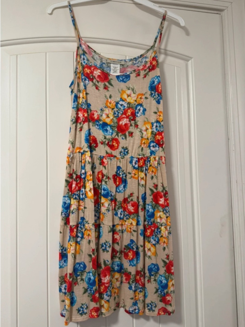 Floral Spaghetti-Strap women Dress - Beige with Red, Blue & Yellow Flowers